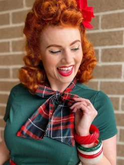Discount Retro Stage 1950s Plaid Patchwork Bow Swing Dress Green