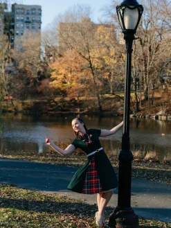 Discount Retro Stage 1950s Plaid Patchwork Bow Swing Dress Green