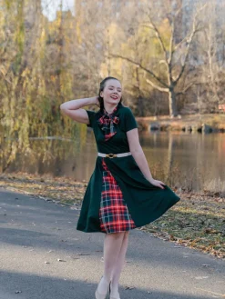 Discount Retro Stage 1950s Plaid Patchwork Bow Swing Dress Green