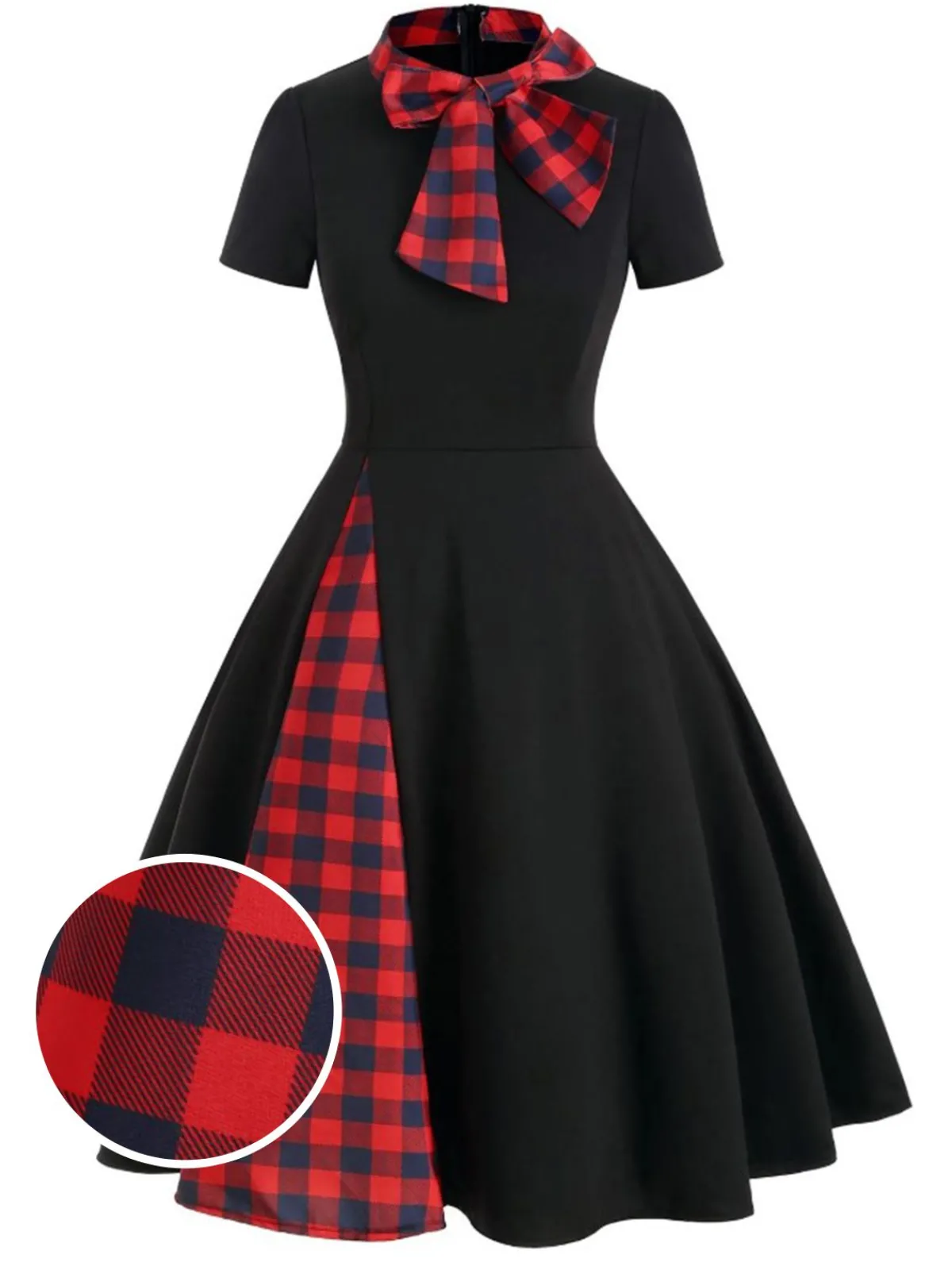 Online Retro Stage 1950s Plaid Patchwork Bow Swing Dress Black