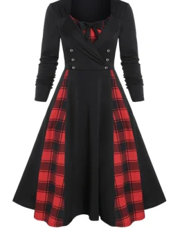 New Retro Stage 1950s Plaid Patchwork Gothic Pleated Dress