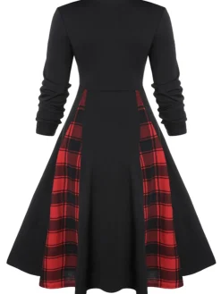 New Retro Stage 1950s Plaid Patchwork Gothic Pleated Dress