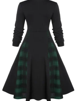 New Retro Stage 1950s Plaid Patchwork Gothic Pleated Dress