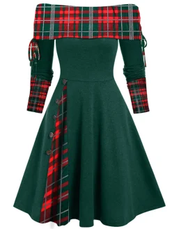 Fashion Retro Stage 1950s Plaid Patchwork Lace-Up Off-Shoulder Dress
