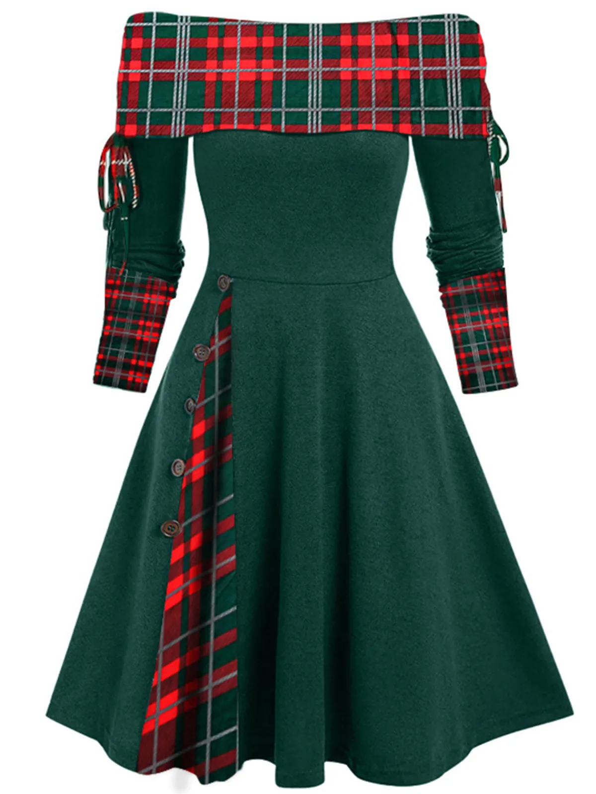 Fashion Retro Stage 1950s Plaid Patchwork Lace-Up Off-Shoulder Dress