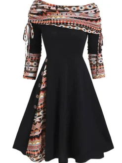 Fashion Retro Stage 1950s Plaid Patchwork Lace-Up Off-Shoulder Dress
