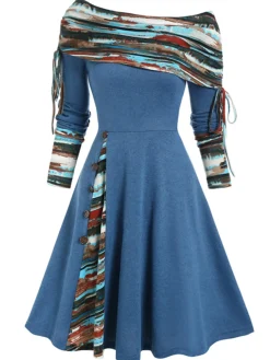 Fashion Retro Stage 1950s Plaid Patchwork Lace-Up Off-Shoulder Dress
