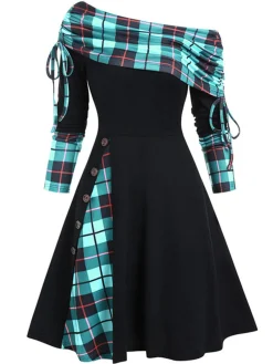 Fashion Retro Stage 1950s Plaid Patchwork Lace-Up Off-Shoulder Dress