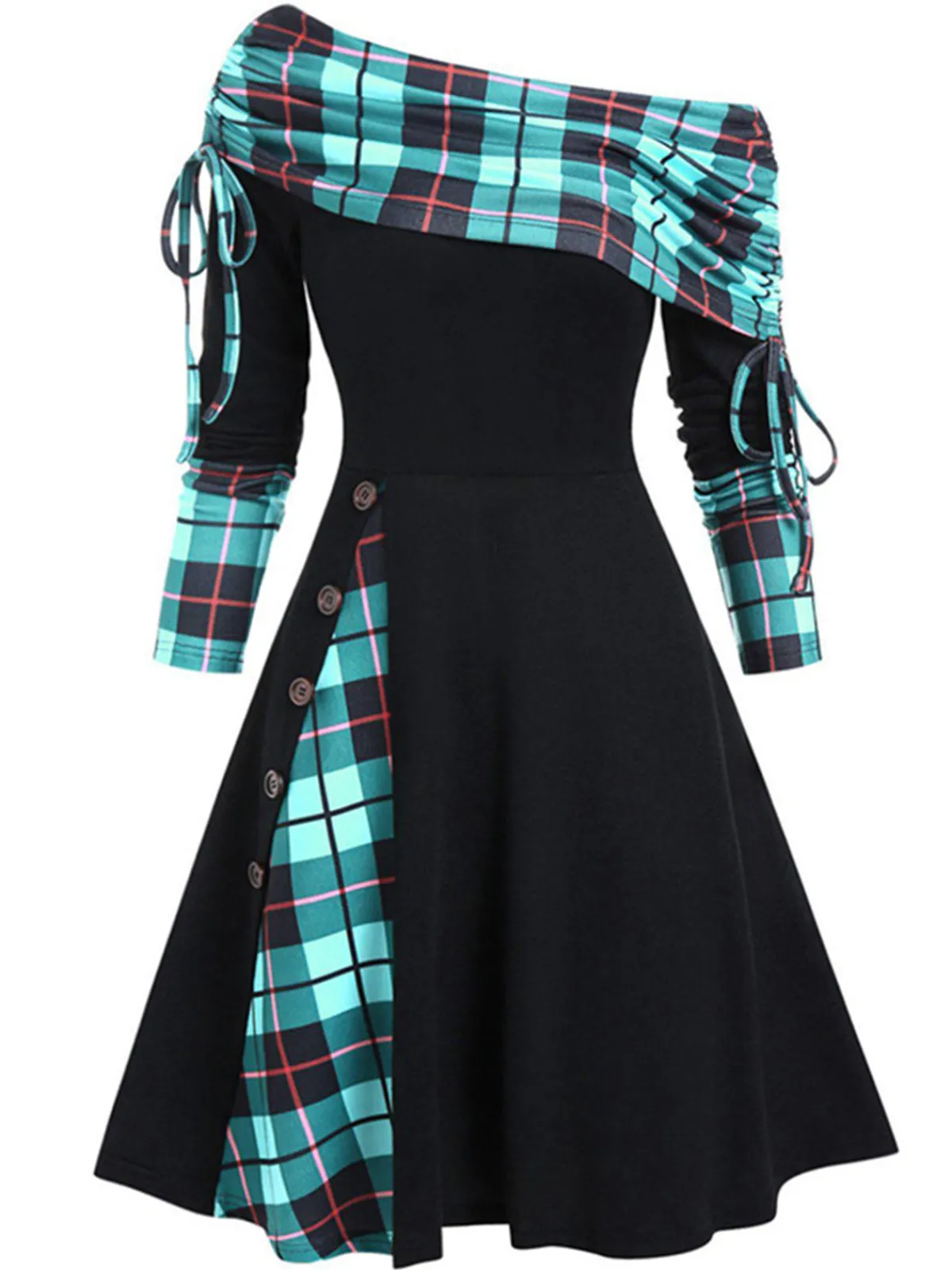 Fashion Retro Stage 1950s Plaid Patchwork Lace-Up Off-Shoulder Dress
