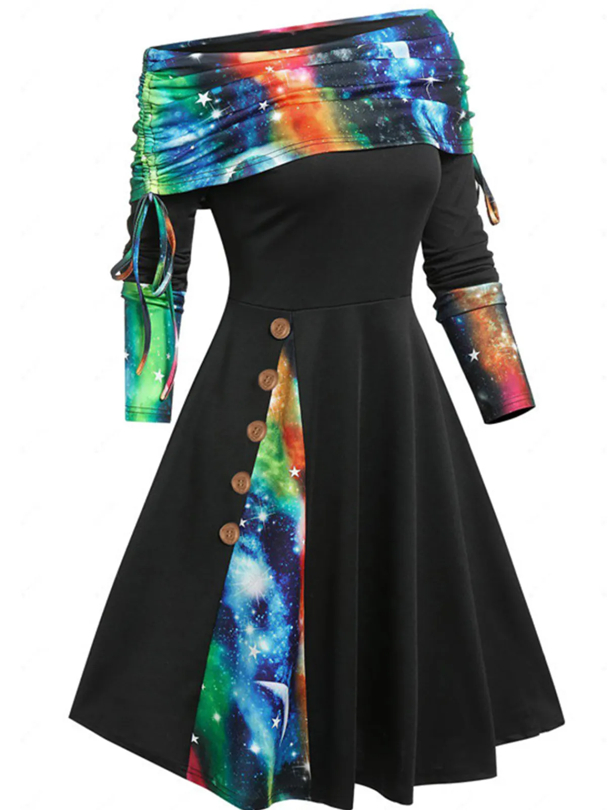 Fashion Retro Stage 1950s Plaid Patchwork Lace-Up Off-Shoulder Dress