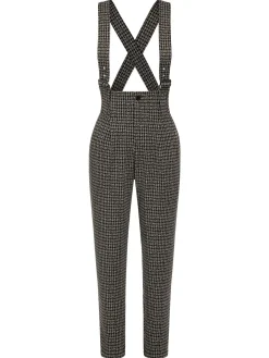 Hot Retro Stage 1950s Plaid Pencil Suspender Pants Black