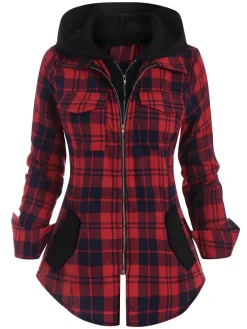 Sale Retro Stage 1950s Plaid Pocket Hooded Zipper Tops