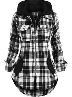 Sale Retro Stage 1950s Plaid Pocket Hooded Zipper Tops