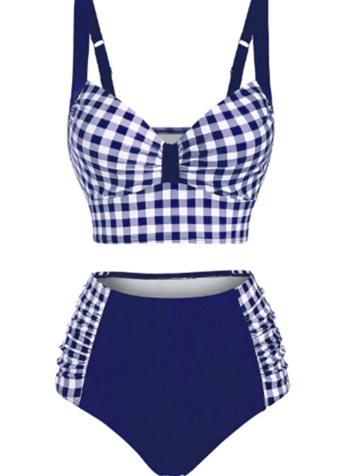 Best Retro Stage 1940s Plaid Spaghetti Strap Patchwork Bikini Blue
