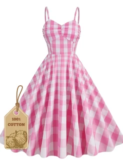 Outlet Retro Stage 1950s Plaid Strap Cotton Swing Dress