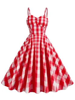Outlet Retro Stage 1950s Plaid Strap Cotton Swing Dress