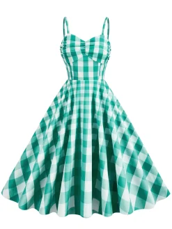 Outlet Retro Stage 1950s Plaid Strap Cotton Swing Dress