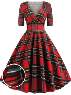 Discount Retro Stage 1950s Plaid Sweetheart Fold Swing Dress