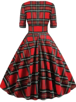 Discount Retro Stage 1950s Plaid Sweetheart Fold Swing Dress
