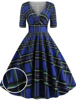 Discount Retro Stage 1950s Plaid Sweetheart Fold Swing Dress