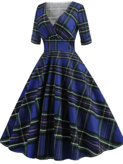 Discount Retro Stage 1950s Plaid Sweetheart Fold Swing Dress