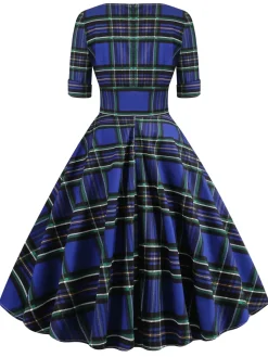 Discount Retro Stage 1950s Plaid Sweetheart Fold Swing Dress