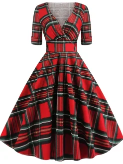 Clearance Retro Stage 1950s Plaid Sweetheart Fold Swing Dress