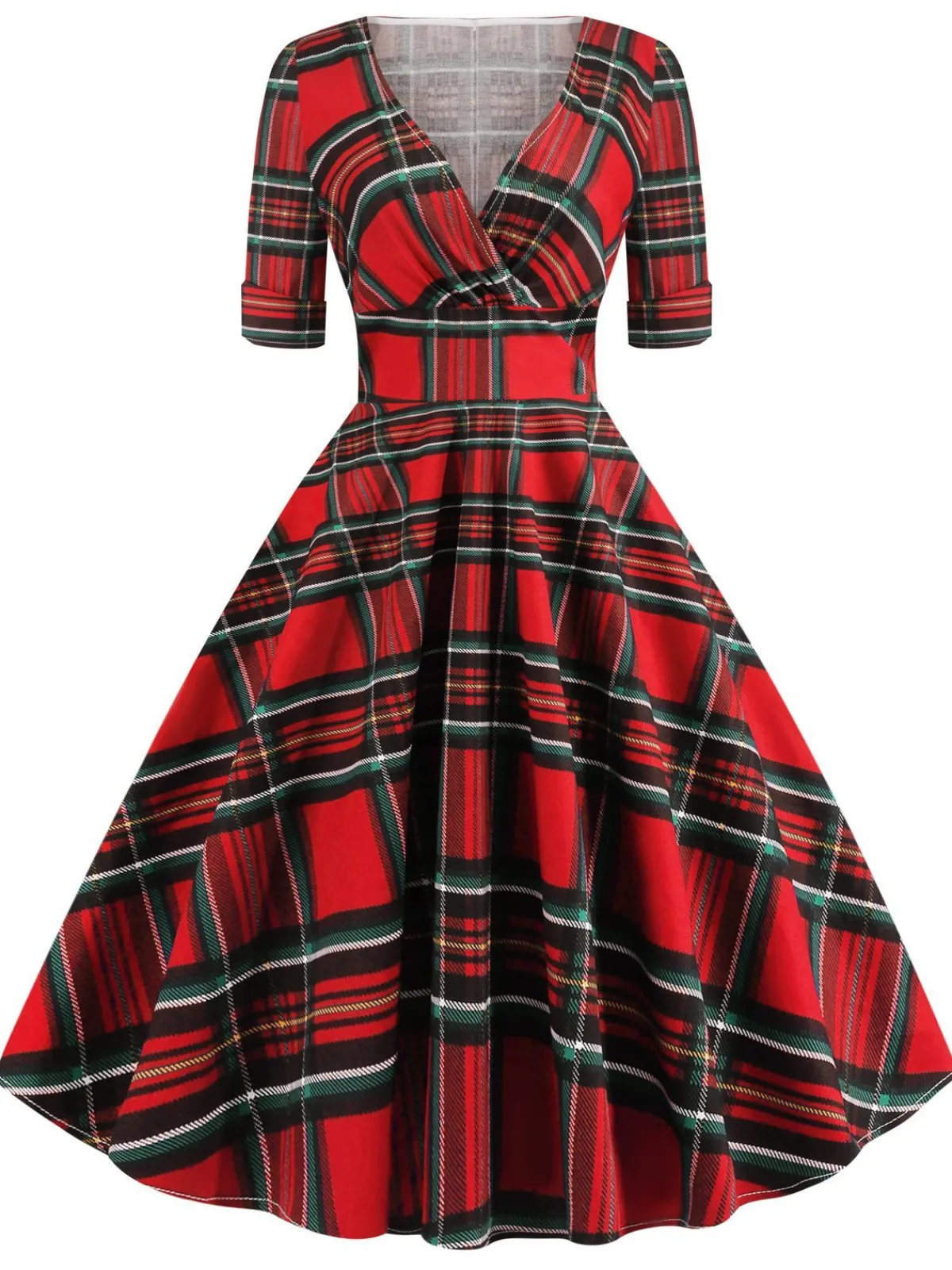 Clearance Retro Stage 1950s Plaid Sweetheart Fold Swing Dress