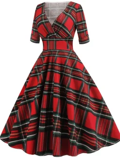 Clearance Retro Stage 1950s Plaid Sweetheart Fold Swing Dress