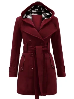 New Retro Stage 1950s Plaids Hooded Belted Coat