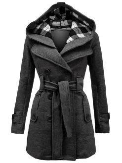 New Retro Stage 1950s Plaids Hooded Belted Coat