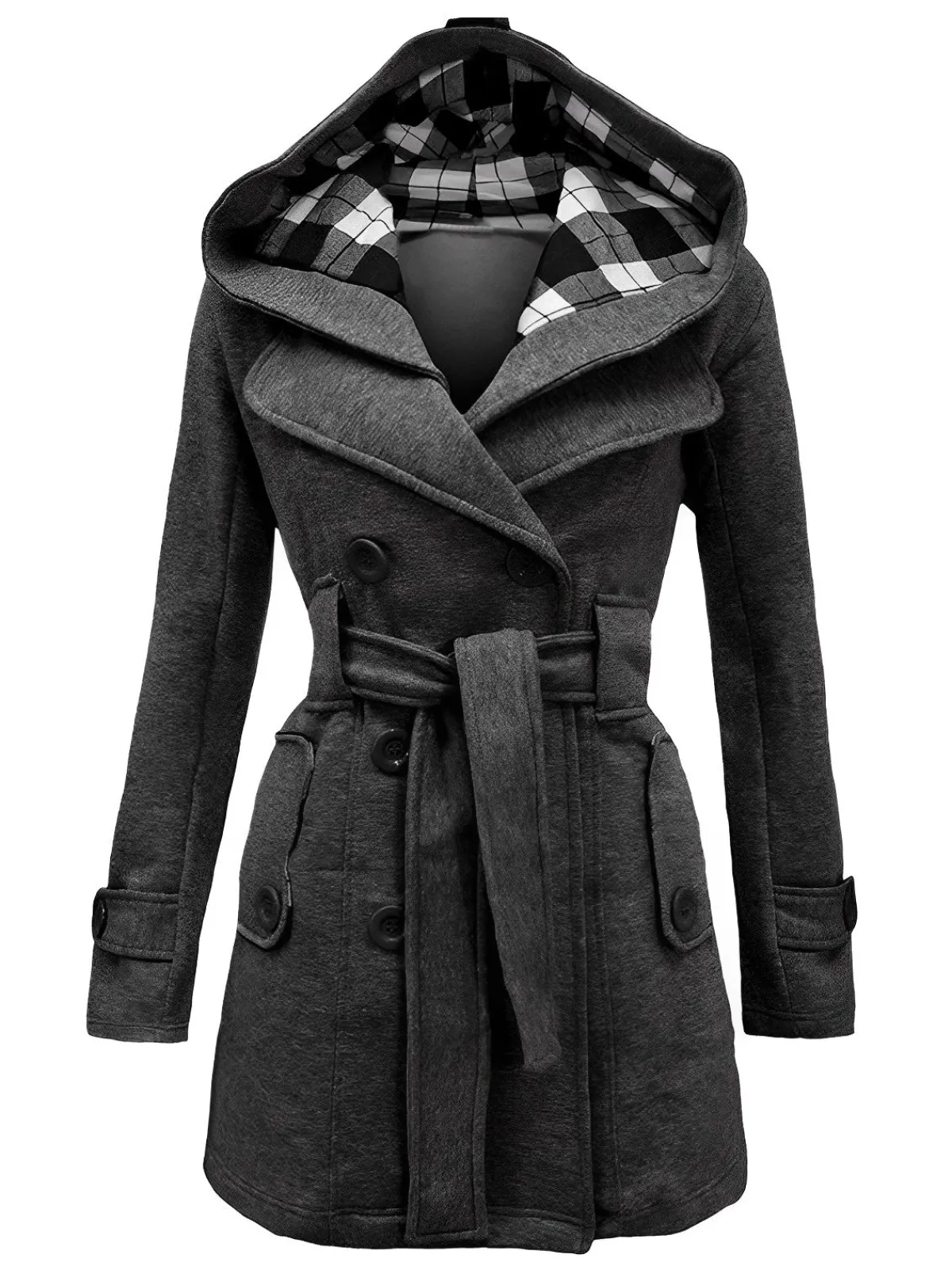 New Retro Stage 1950s Plaids Hooded Belted Coat