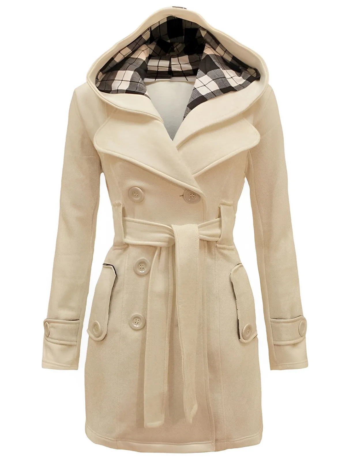 New Retro Stage 1950s Plaids Hooded Belted Coat