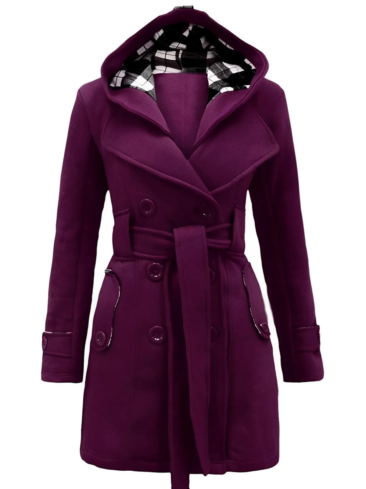 New Retro Stage 1950s Plaids Hooded Belted Coat
