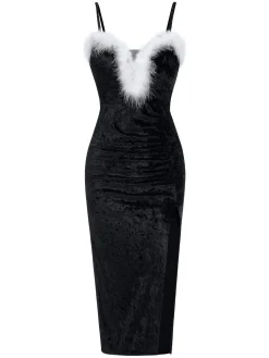 New Retro Stage 1960s Plush Patchwork Velvet Slit Straps Dress