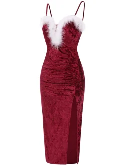 New Retro Stage 1960s Plush Patchwork Velvet Slit Straps Dress