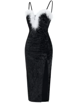 New Retro Stage 1960s Plush Patchwork Velvet Slit Straps Dress