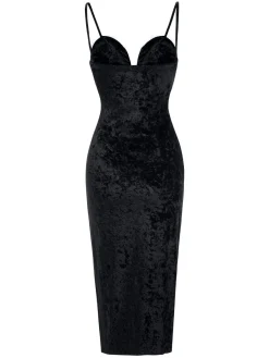 New Retro Stage 1960s Plush Patchwork Velvet Slit Straps Dress