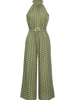 Online Retro Stage 1930s Polka Dot Belt Jumpsuit Green