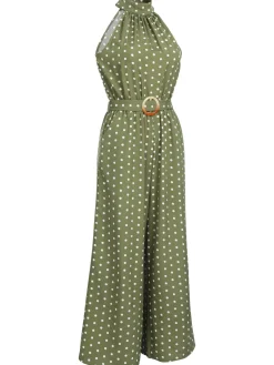 Online Retro Stage 1930s Polka Dot Belt Jumpsuit Green