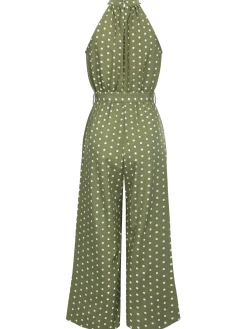 Online Retro Stage 1930s Polka Dot Belt Jumpsuit Green