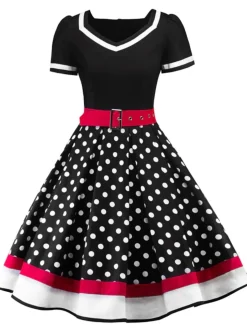 Online Retro Stage 1950s Polka Dot Belted Patchwork Dress Black