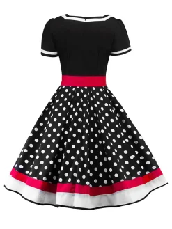 Online Retro Stage 1950s Polka Dot Belted Patchwork Dress Black