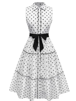 Clearance Retro Stage 1950s Polka Dot Belted Sleeveless Shirt Dress White
