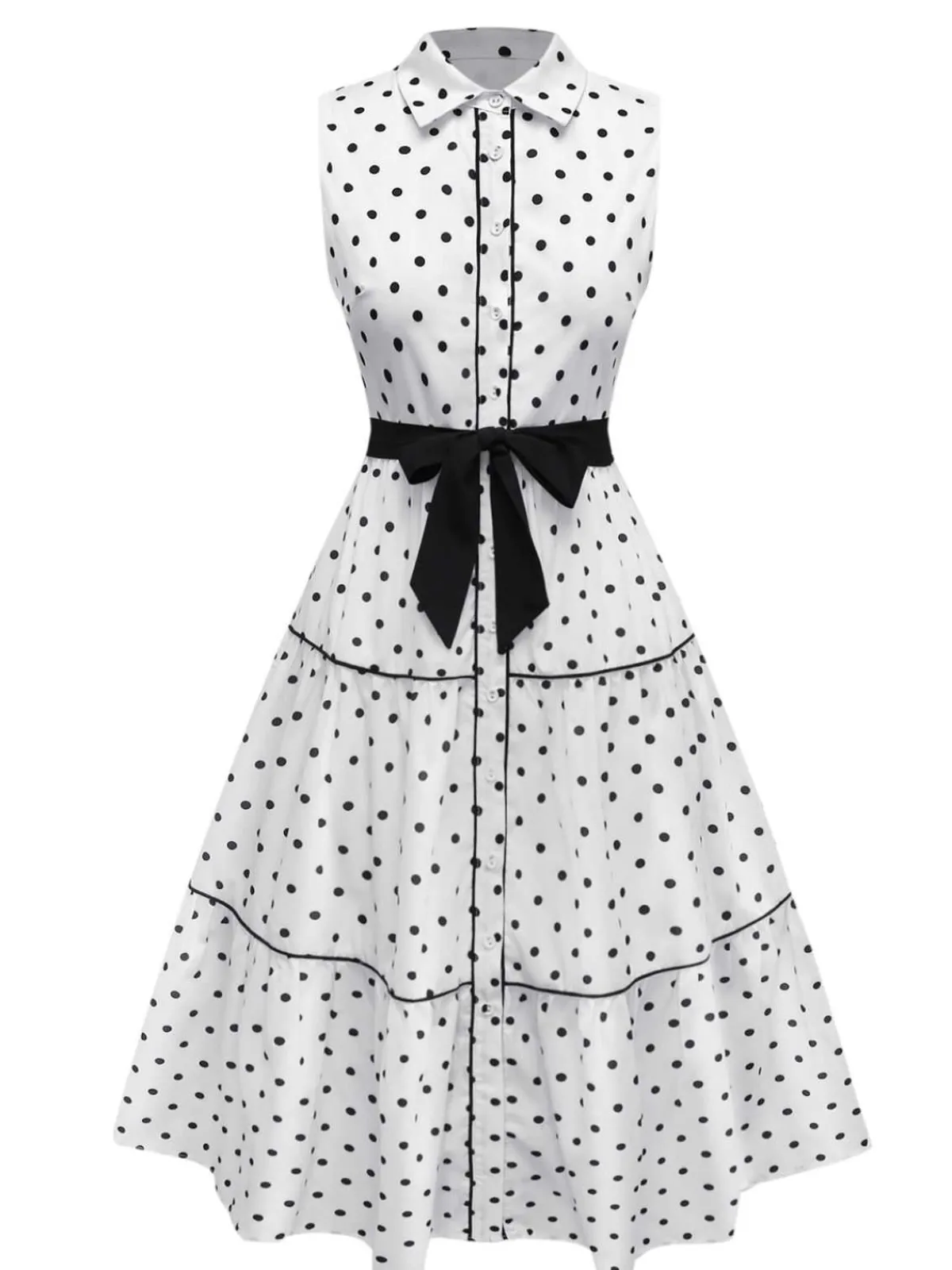 Clearance Retro Stage 1950s Polka Dot Belted Sleeveless Shirt Dress White
