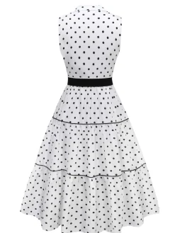 Clearance Retro Stage 1950s Polka Dot Belted Sleeveless Shirt Dress White