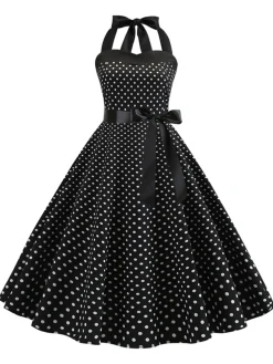 Outlet Retro Stage 1950s Polka Dot Bow Tie Halter Swing Dress Black