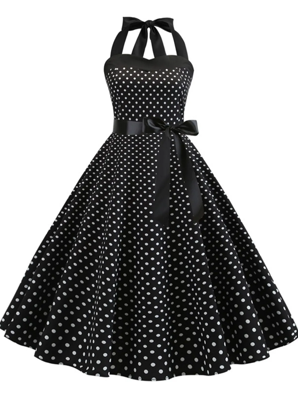 Outlet Retro Stage 1950s Polka Dot Bow Tie Halter Swing Dress Black