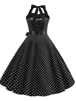Outlet Retro Stage 1950s Polka Dot Bow Tie Halter Swing Dress Black