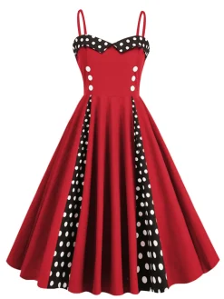 Clearance Retro Stage 1950s Polka Dot Contrast Spaghetti Strap Dress Red